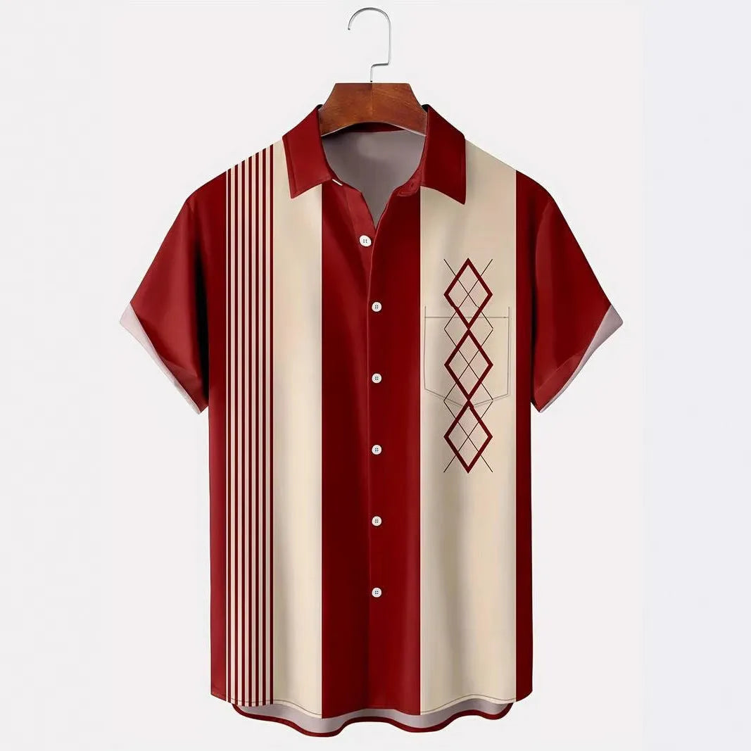 Men's loose plaid short-sleeve shirt with a contrast colour lapel collar, shown in a cardigan style.