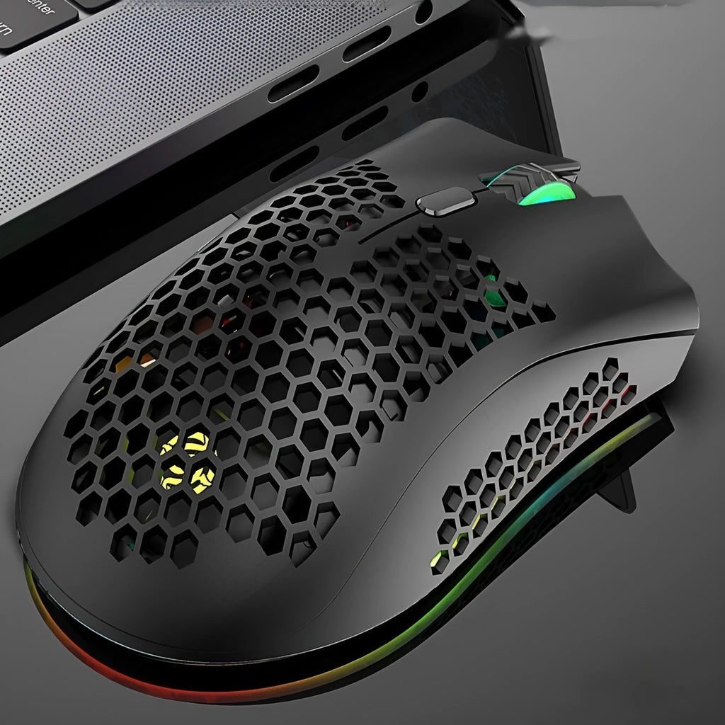 Hollow shell luminous wireless gaming mouse in cyan colour with USB receiver