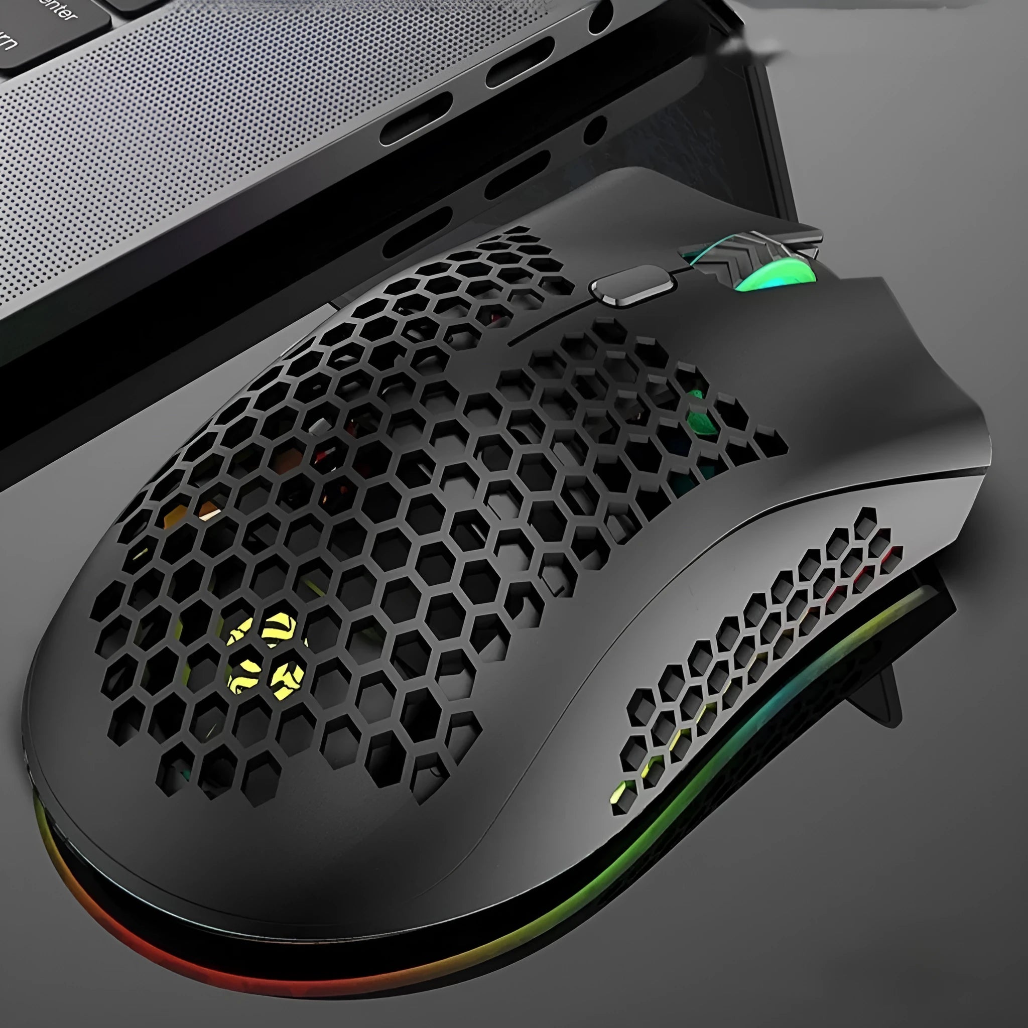 Hollow shell luminous wireless gaming mouse in cyan colour with USB receiver