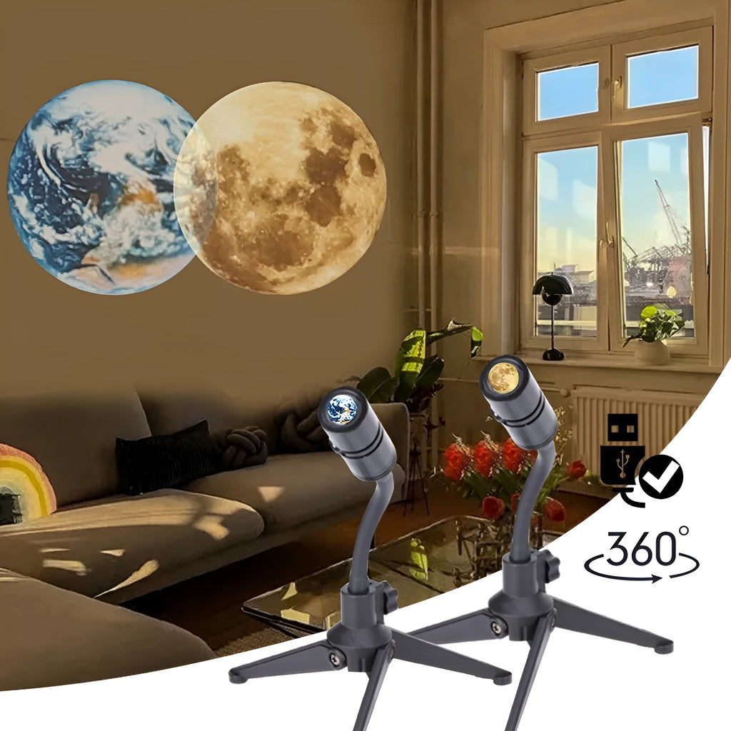 Earth and Moon star projector night light with adjustable hose bracket on bedside table