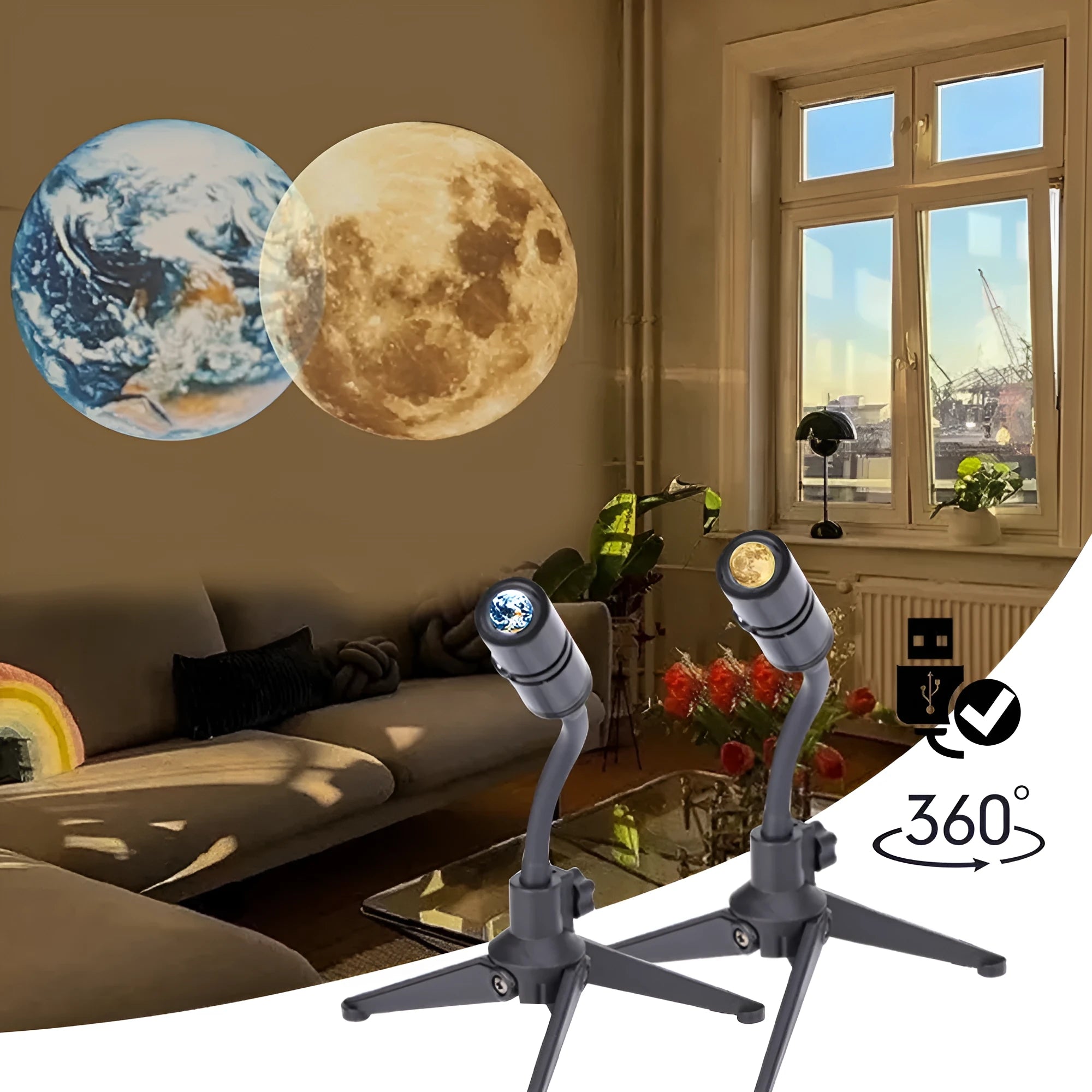 Earth and Moon star projector night light with adjustable hose bracket on bedside table