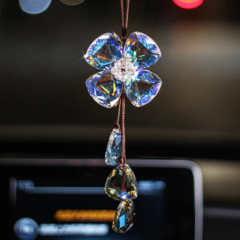 Crystal four leaf grass car pendant in four colour options hanging from rearview mirror