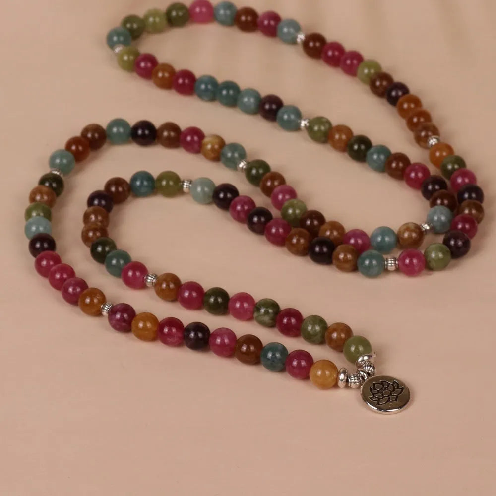 Multi-layer lotus hanging bracelet with 108 tourmaline beads on a metal alloy string