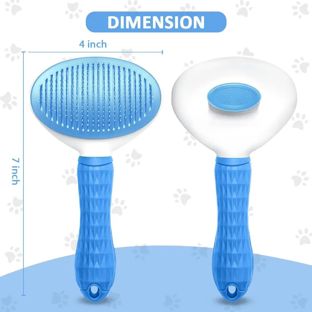 Blue cat brush with a release button and fine wire bristles for removing pet hair.