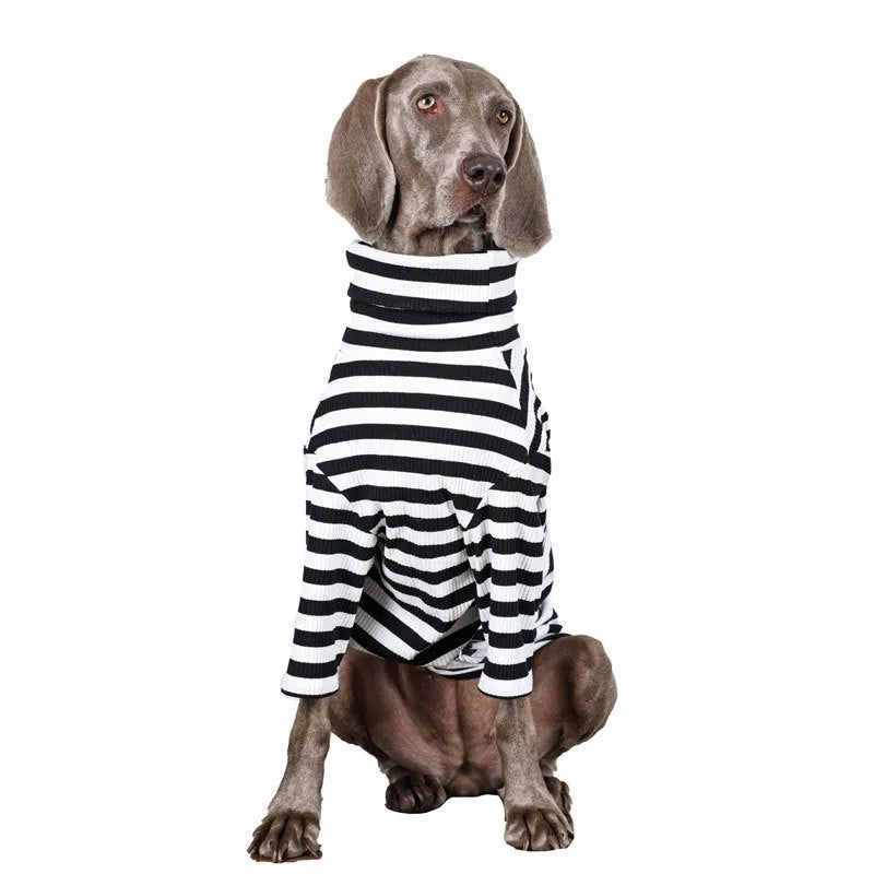 Black and white thin polyester inner layer dog clothing for large breeds, showing size tags M to XXXL.