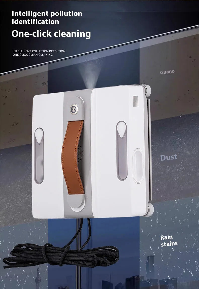 White intelligent window cleaning robot for high-rise glass surfaces, showing control app and water spray ports.