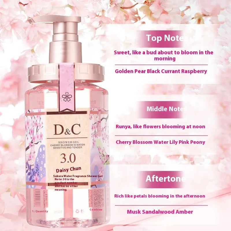 Sakura Cherry Blossom shampoo, hair mask, and shower gel set in 500ml bottles.