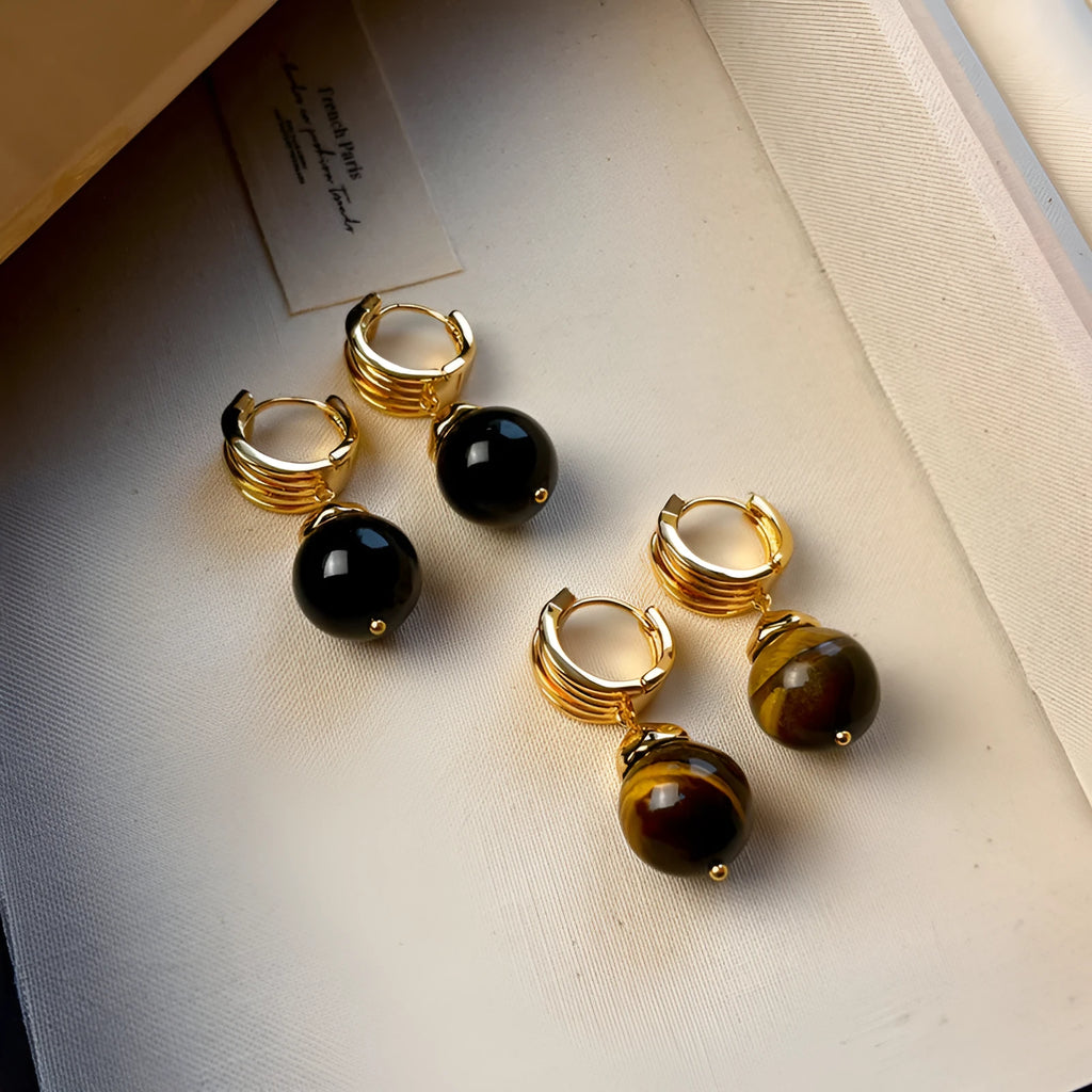 Geometric tigereye earrings with gold plating in brown and black colour options