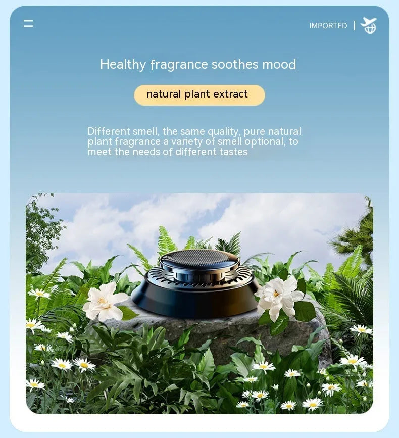 Solar-powered kinetic car air freshener with rotating double ring diffuser in black plastic