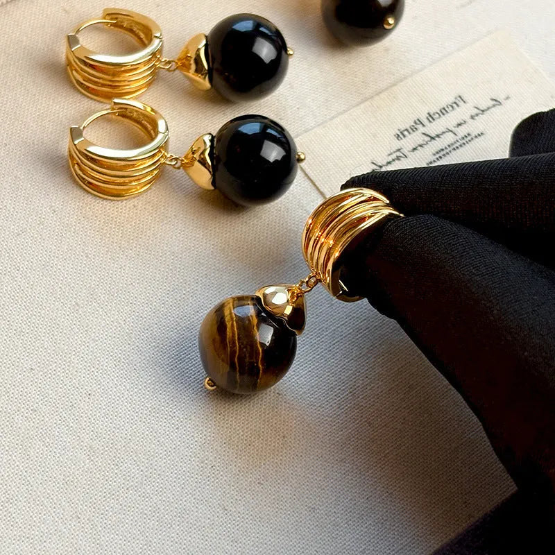 Geometric tigereye earrings with gold plating in brown and black colour options