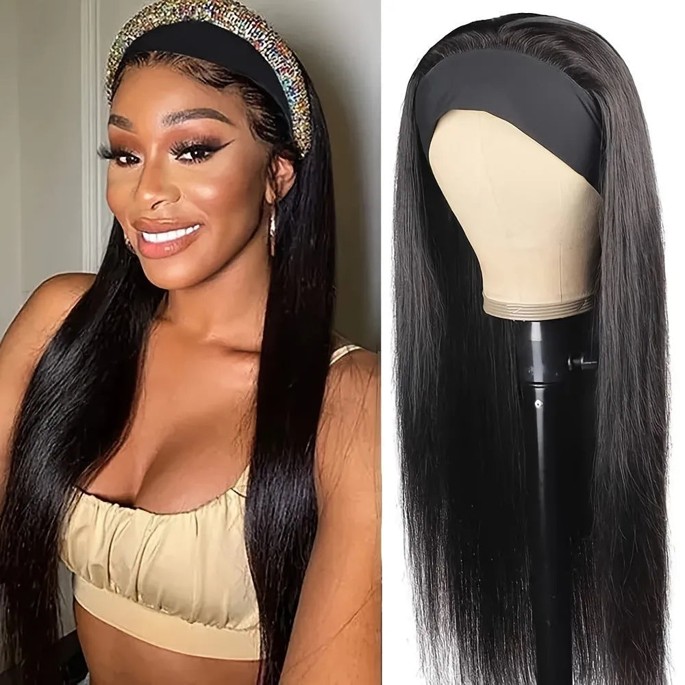 Headband wig shown in long black straight, long black curly, and wine red high temperature fibre hair.