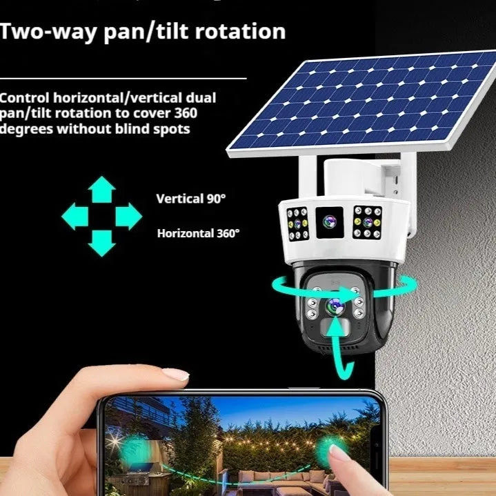 Three-screen binocular surveillance camera with solar panel for outdoor wireless security monitoring
