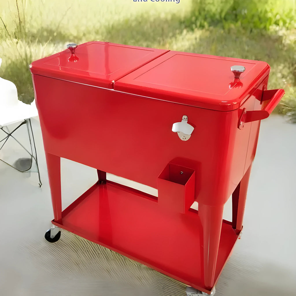 Red metal insulated trolley cart with heat preservation box and ice bucket functionality