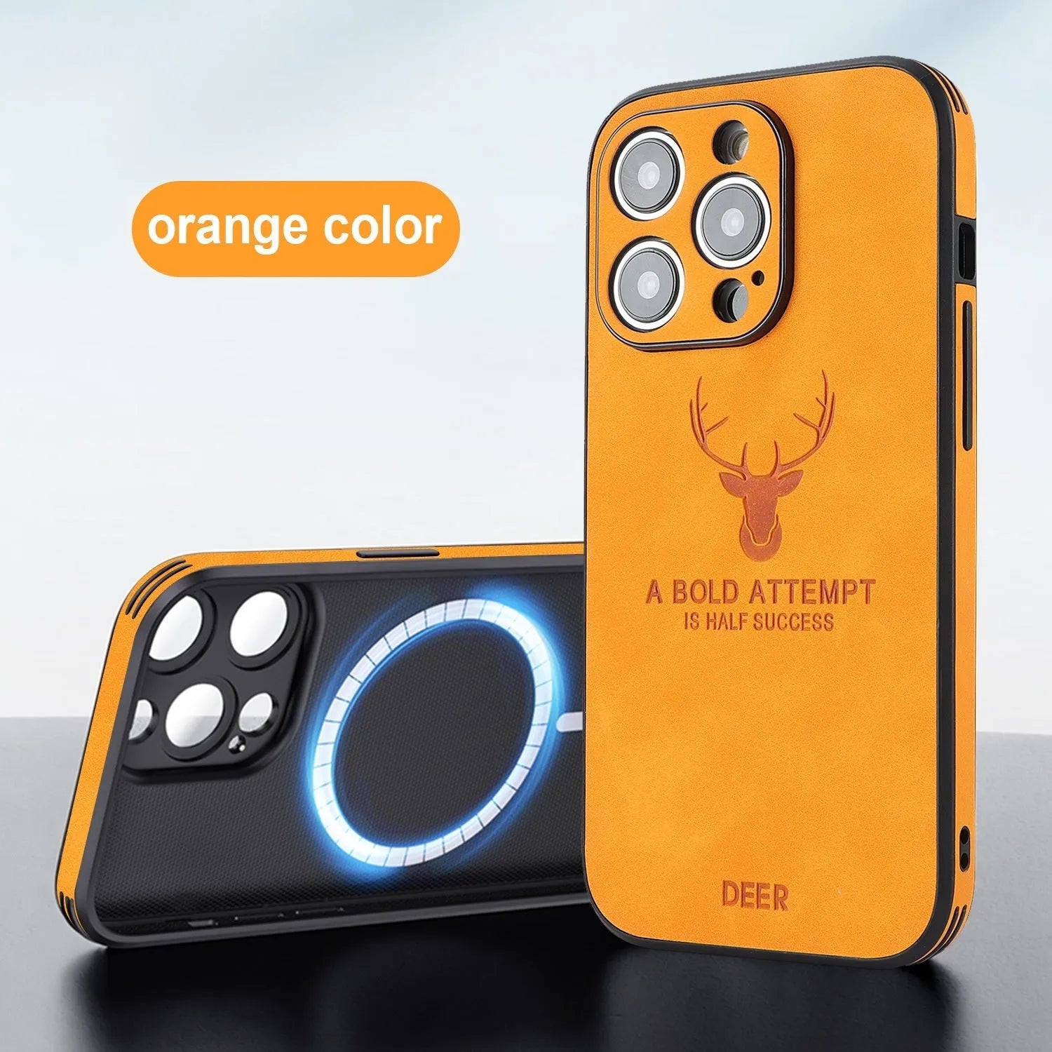 iPhone 16 magnetic charging case with embossed moose head design in imitation leather.