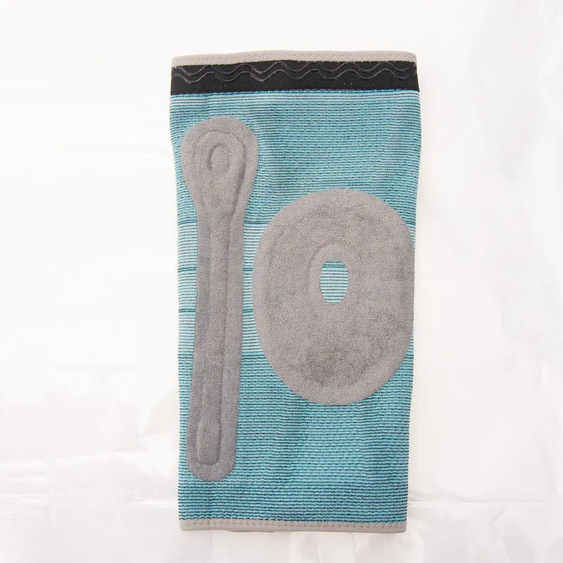 Sky blue elastic fibre knee pad for sports, shown in size S, M, L, or XL.