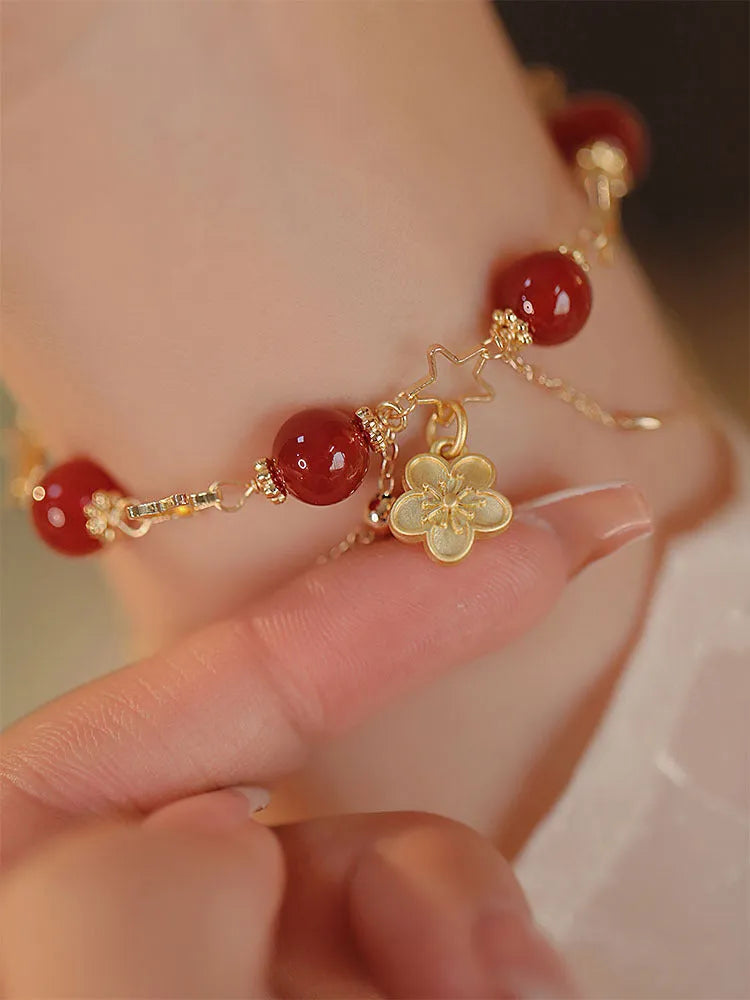 Red agate double layer bracelet with floral peach blossom design, handcrafted women's jewellery