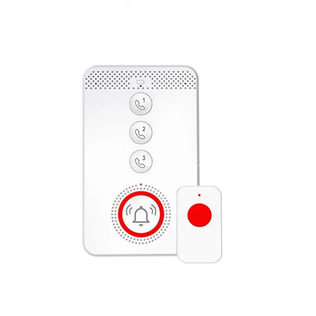 White emergency alert device with central buzzer and three wireless emergency buttons for elderly safety