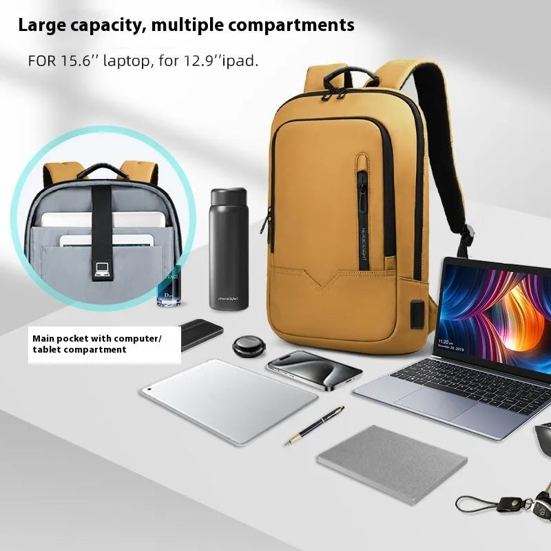 Lightweight orange polyester commuter backpack with USB charging port on the shoulder strap.