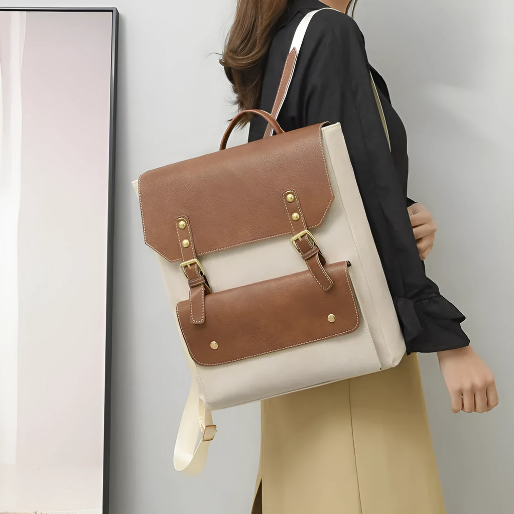 Korean style retro backpack in soft PU material showing ventilation features and available colour options