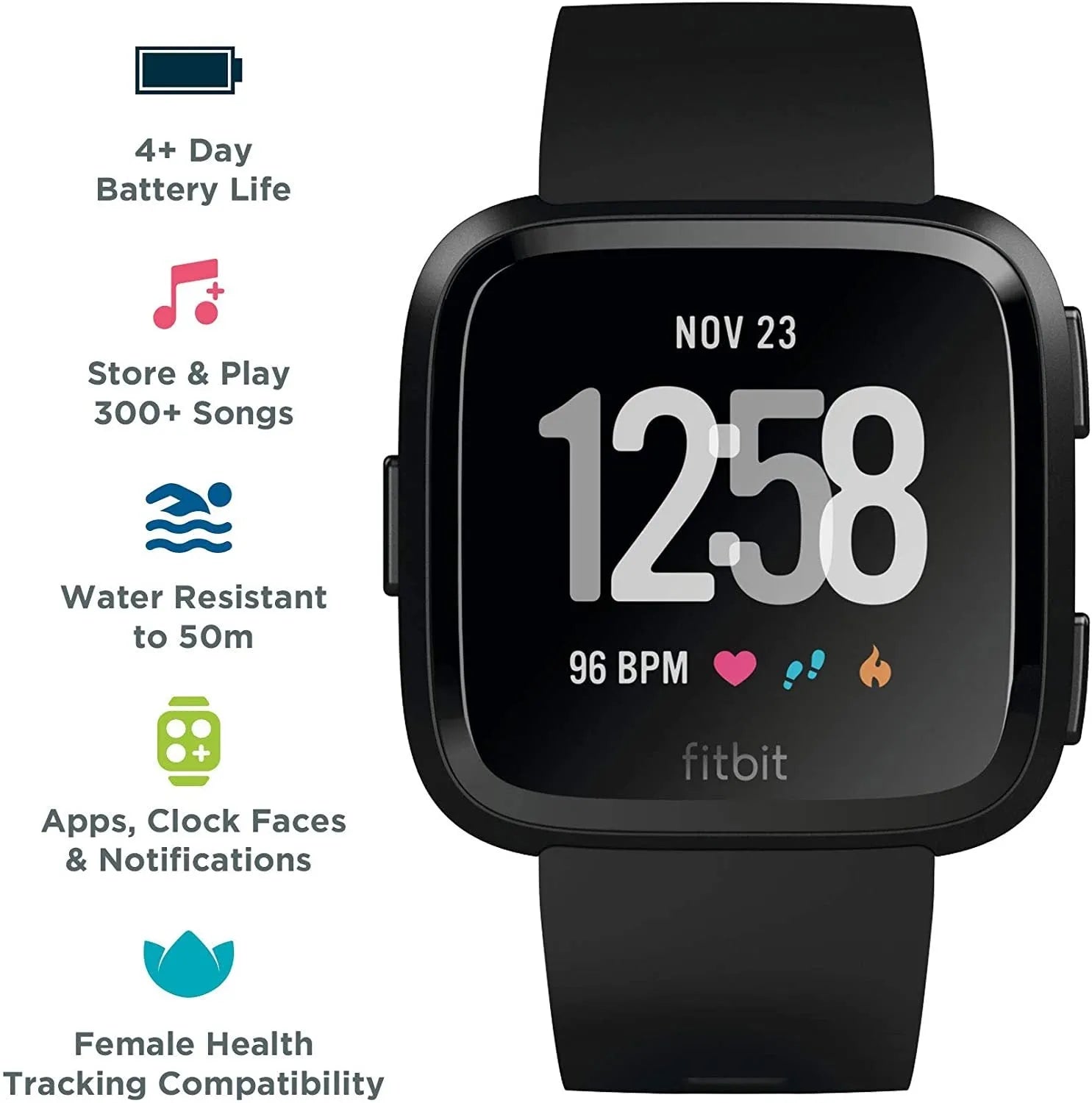 Black waterproof smart watch with 1.4-inch screen showing heart rate display