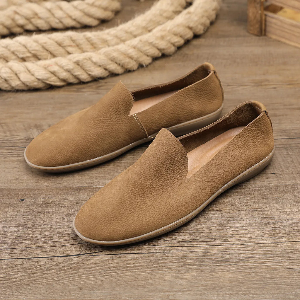 Men's handmade casual shoes in khaki with low-top wedge design and rubber soles