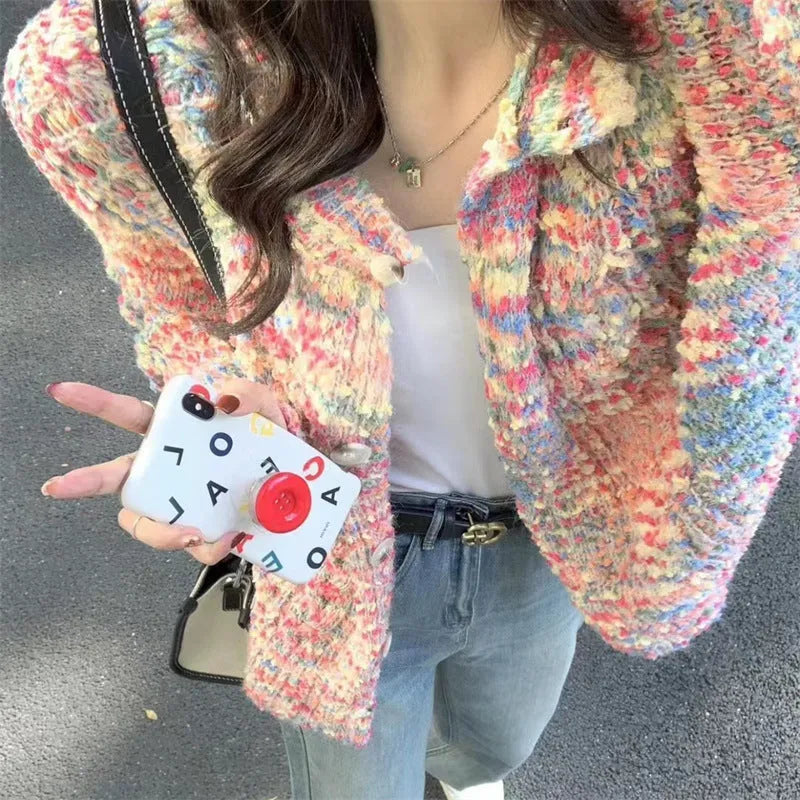 Pink and green rainbow pattern women's cardigan sweater with toothbrush hair fabric texture