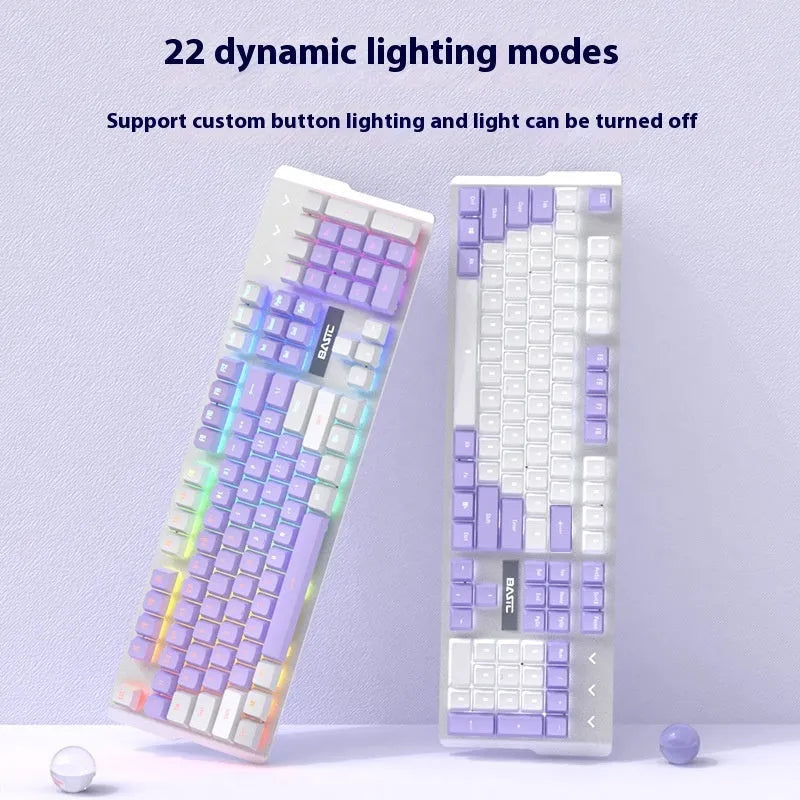 Purple mechanical keyboard and mouse gaming set with backlight and matching headphones