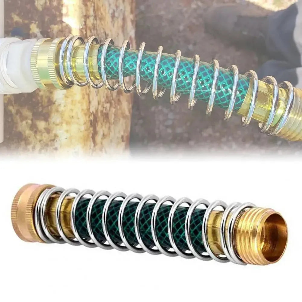 Brass garden hose connector with visible spiral spring, 15 cm long with 3/4 inch threaded fittings