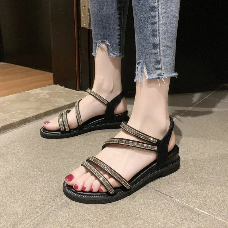 Korean style women's sandals with rhinestone sequins on PU upper and rubber sole
