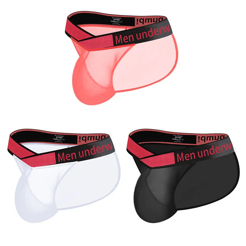 Men's transparent ice silk briefs in black colour showing large V gradient and high fork design