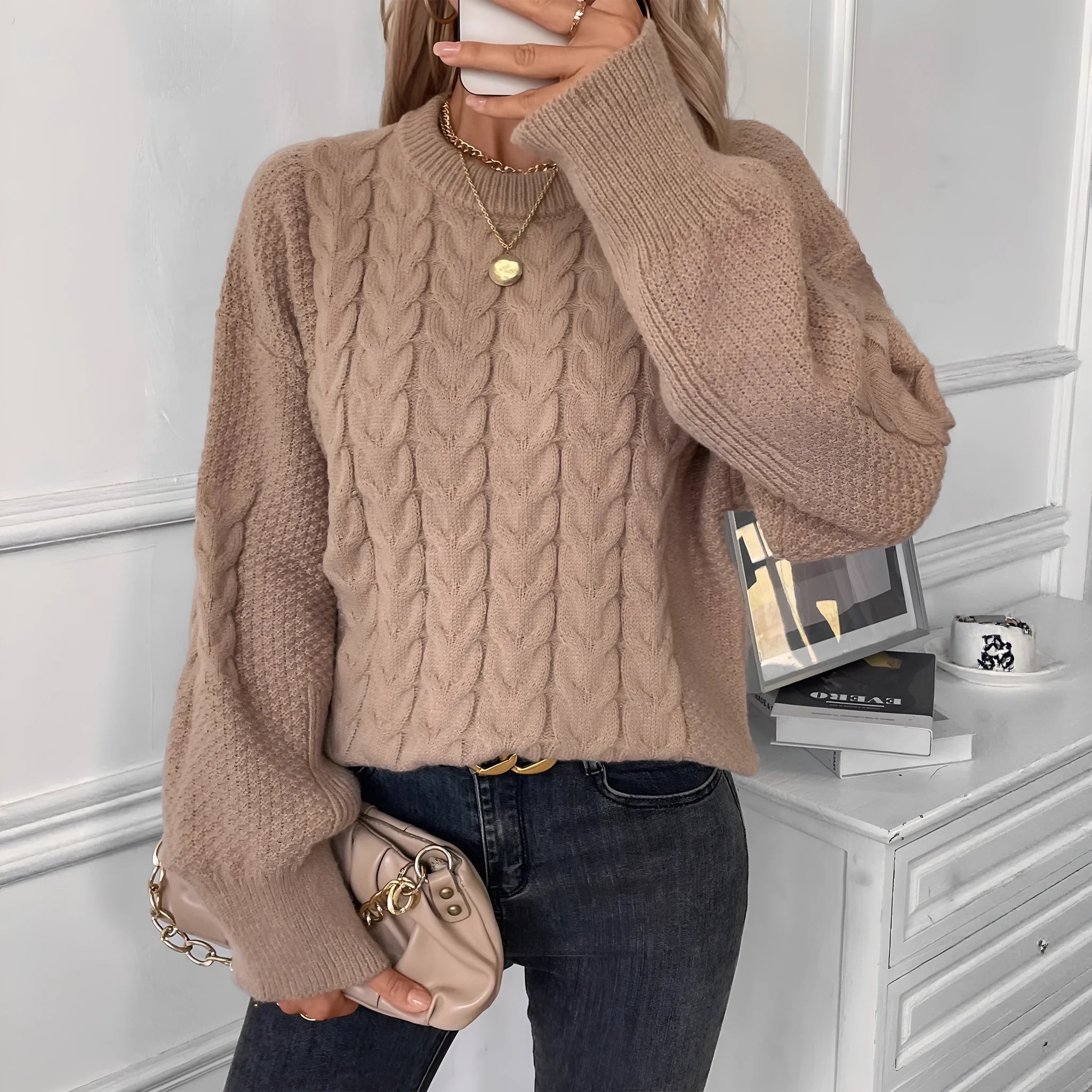 Women's loose fit casual polyester sweater in khaki colour with round neck and regular sleeves