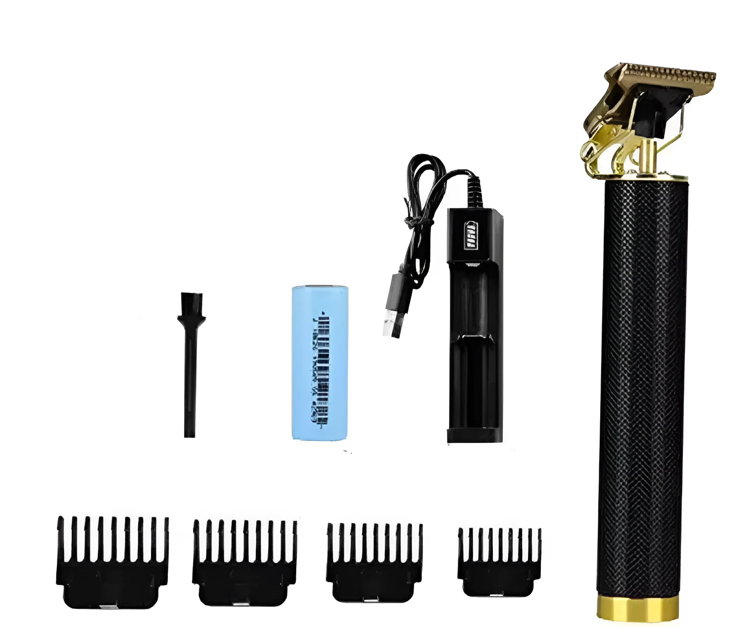 Black electric hair clipper with gold steel blades, four comb attachments, and USB charger