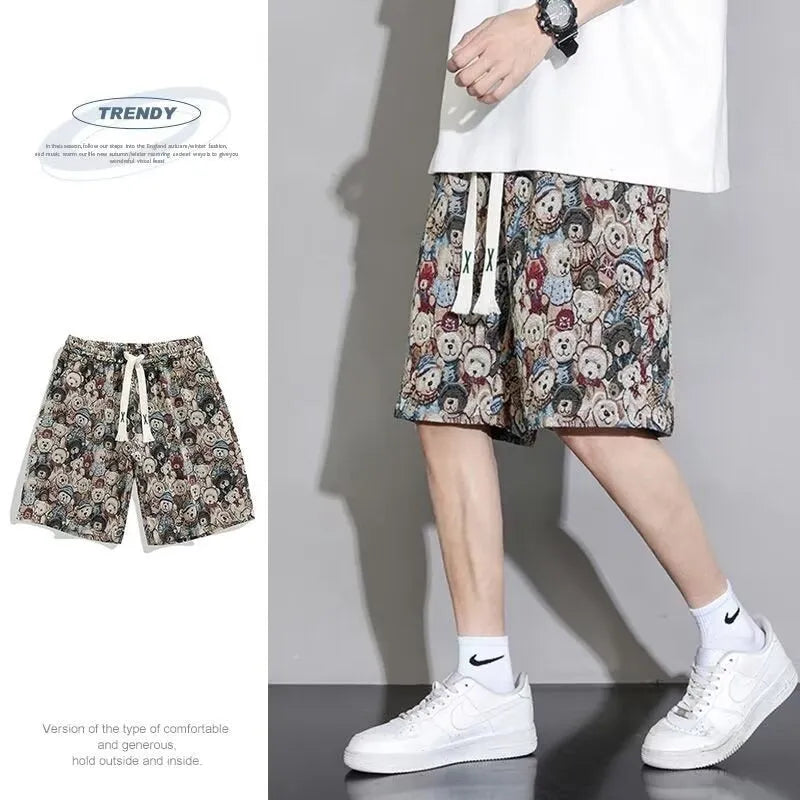 Summer Fashion Brand men's fifth pants in polyester fibre, printed design, elastic waist, knee-length
