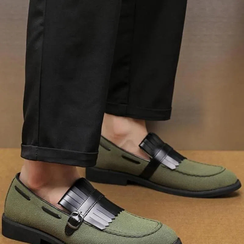 Men's gray denim loafer shoes with tassel accents, pointed toe, flat heel, low-cut casual summer footwear