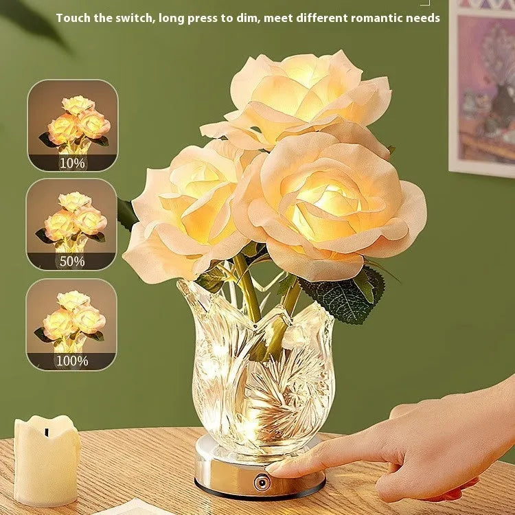 Modern crystal flowers rechargeable touch table lamp with dimming function on bedside table