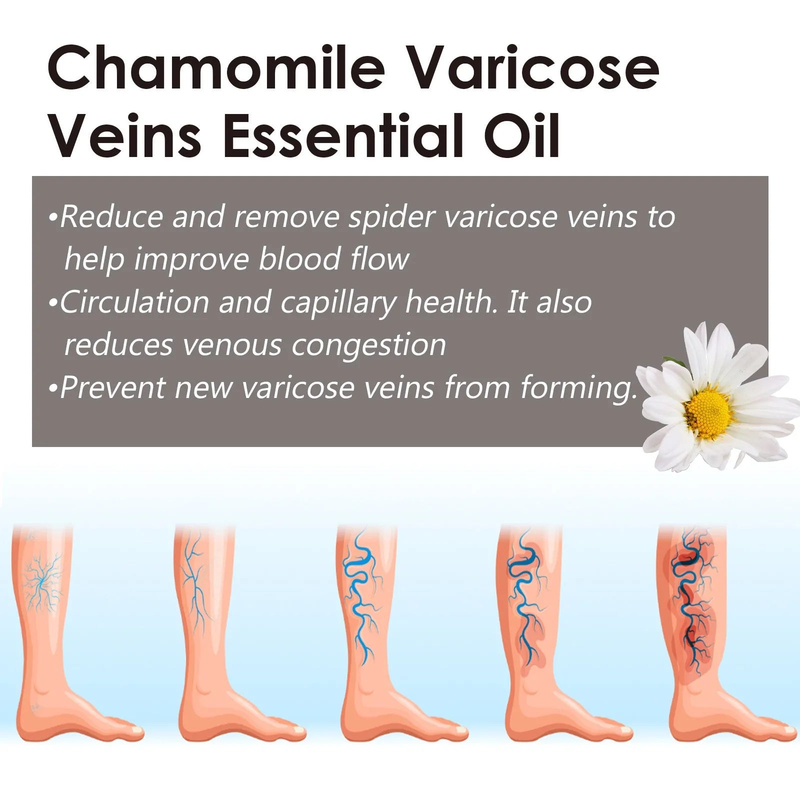 10ml glass bottle of pure chamomile essential oil for leg massage and skin care