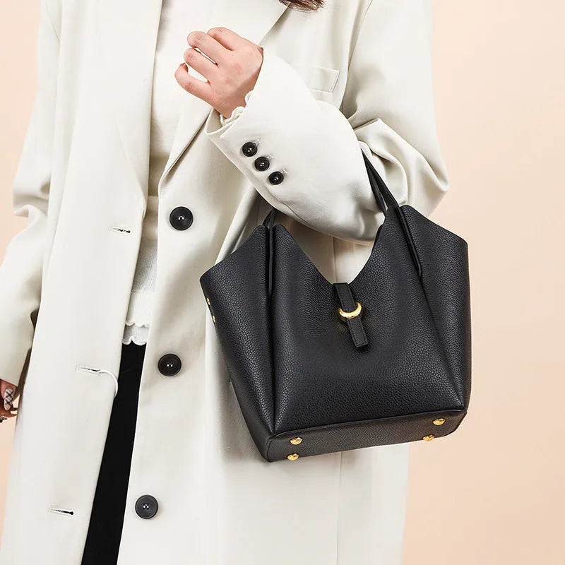 Women's genuine leather retro bucket bag with file compartment in lake blue colour