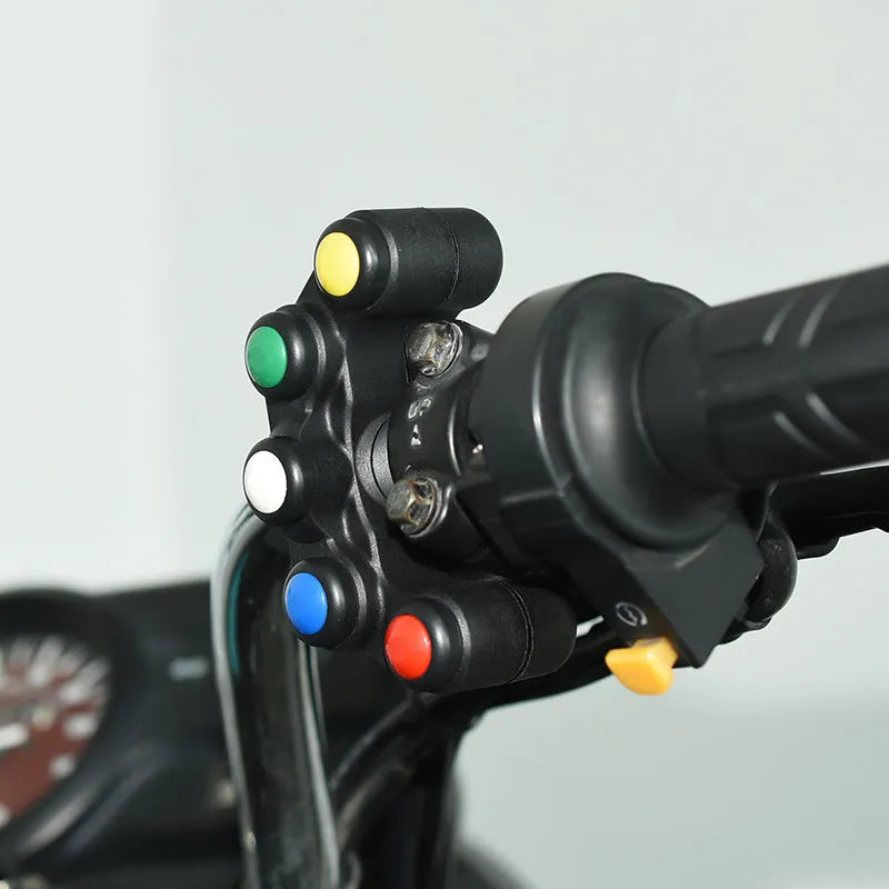 Plastic five-position vehicle rocker switch with red, yellow, blue, green, and white buttons and 52cm wire