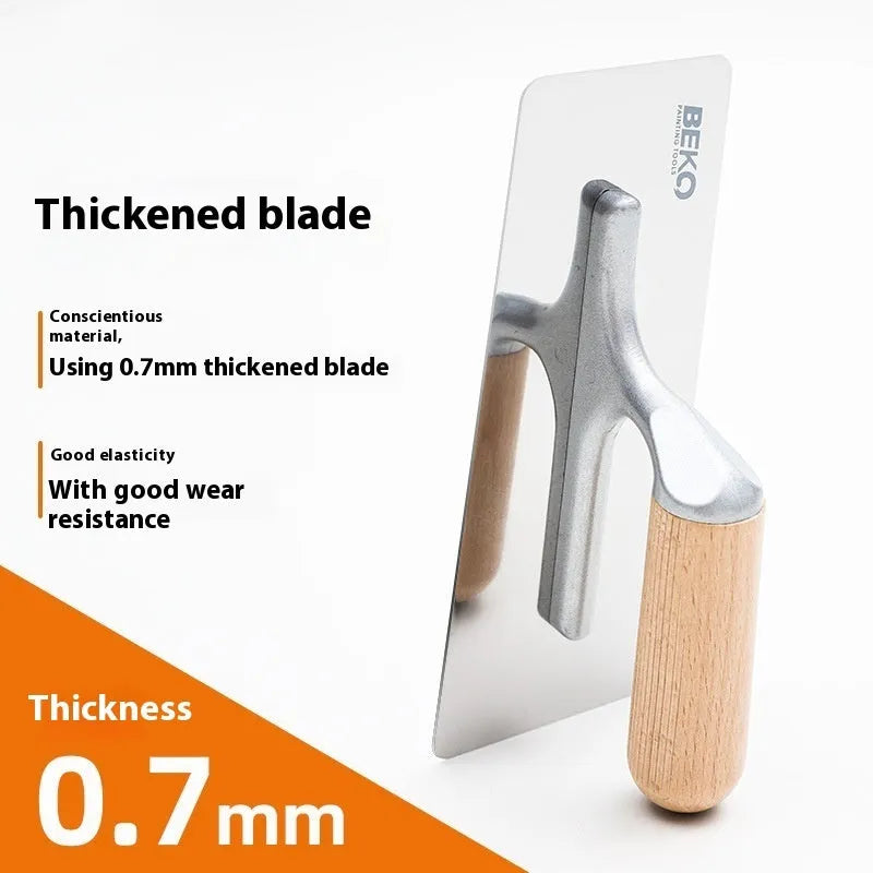 Stainless steel putty scraper with a wooden handle shown with different blade size options