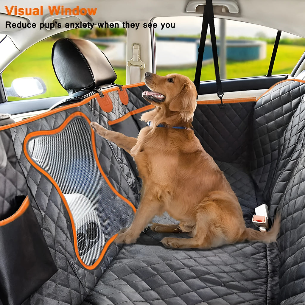 Black dog car seat cover with orange edging, showing mesh window and storage pocket on rear seat