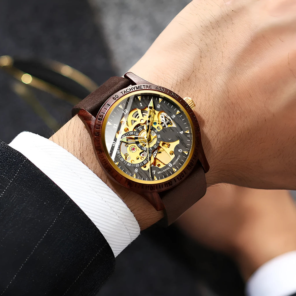 Fully automatic mechanical watch with wood alloy case, 44mm, mineral glass, brown leather strap on wrist