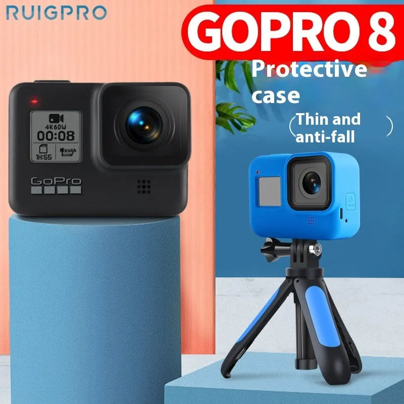 Blue silicone protective sleeve and wrist strap for GoPro Hero8 Black action camera
