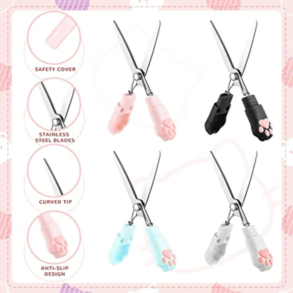 Cat paw mini folding scissors in four colours with stainless steel blades, folded to 8.7 cm length