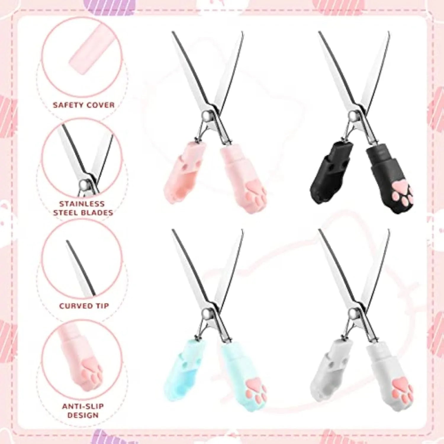 Cat paw mini folding scissors in four colours with stainless steel blades, folded to 8.7 cm length