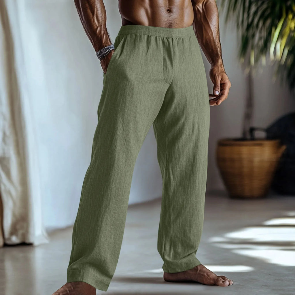 Men's straight-leg cotton linen casual trousers in light green, shown with pockets.