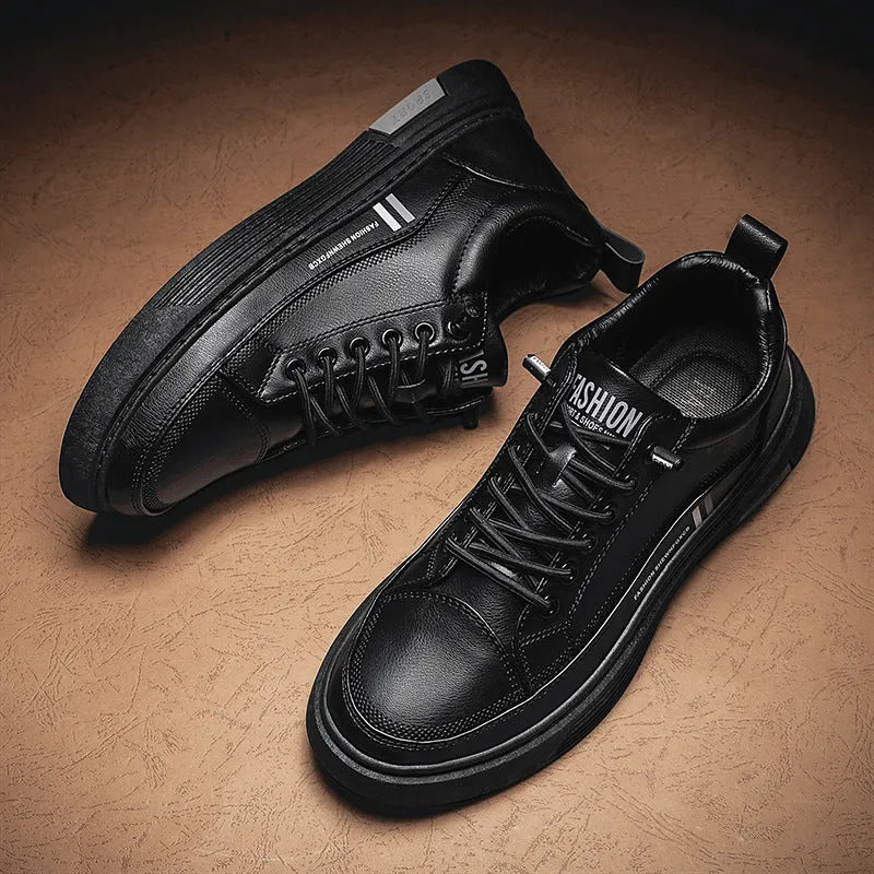 Men's low-top skateboard shoes with elastic band, microfiber upper, and rubber sole in black or white.