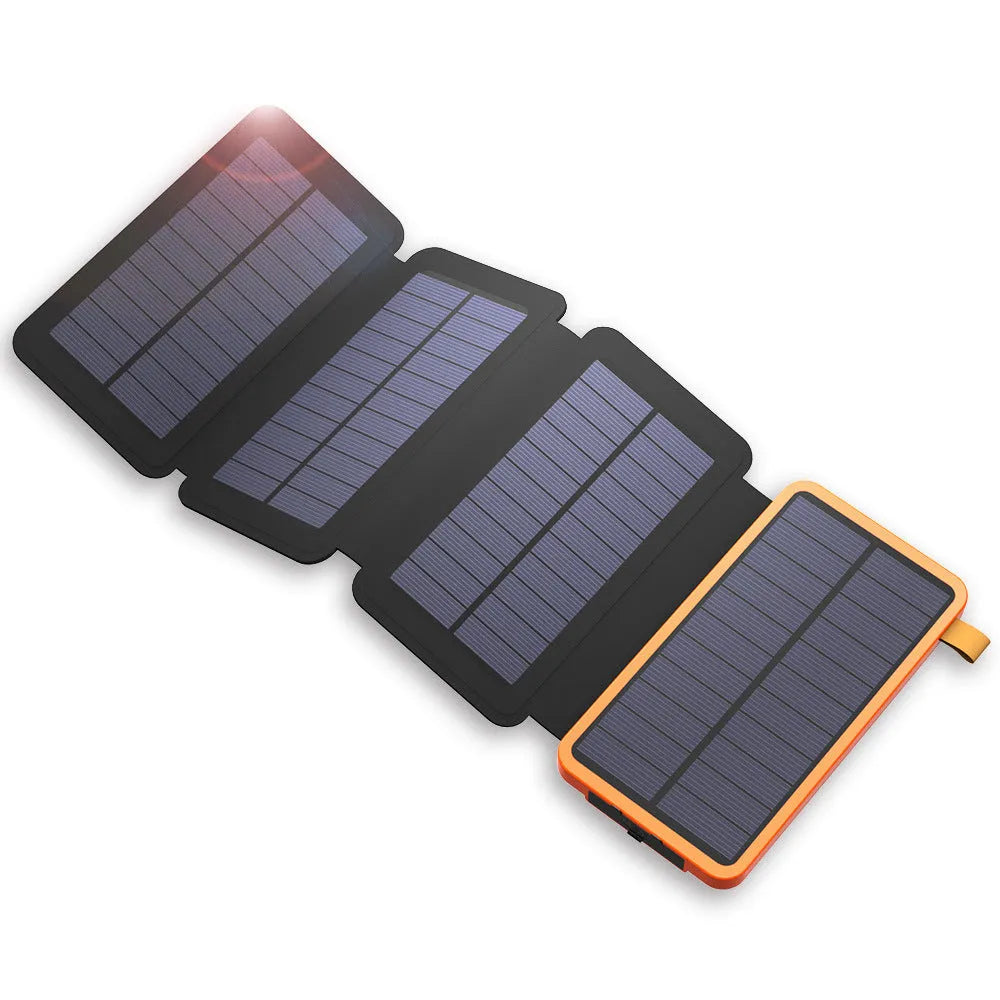 Outdoor solar power bank in multiple colours with solar panel, LED light, and leather casing.