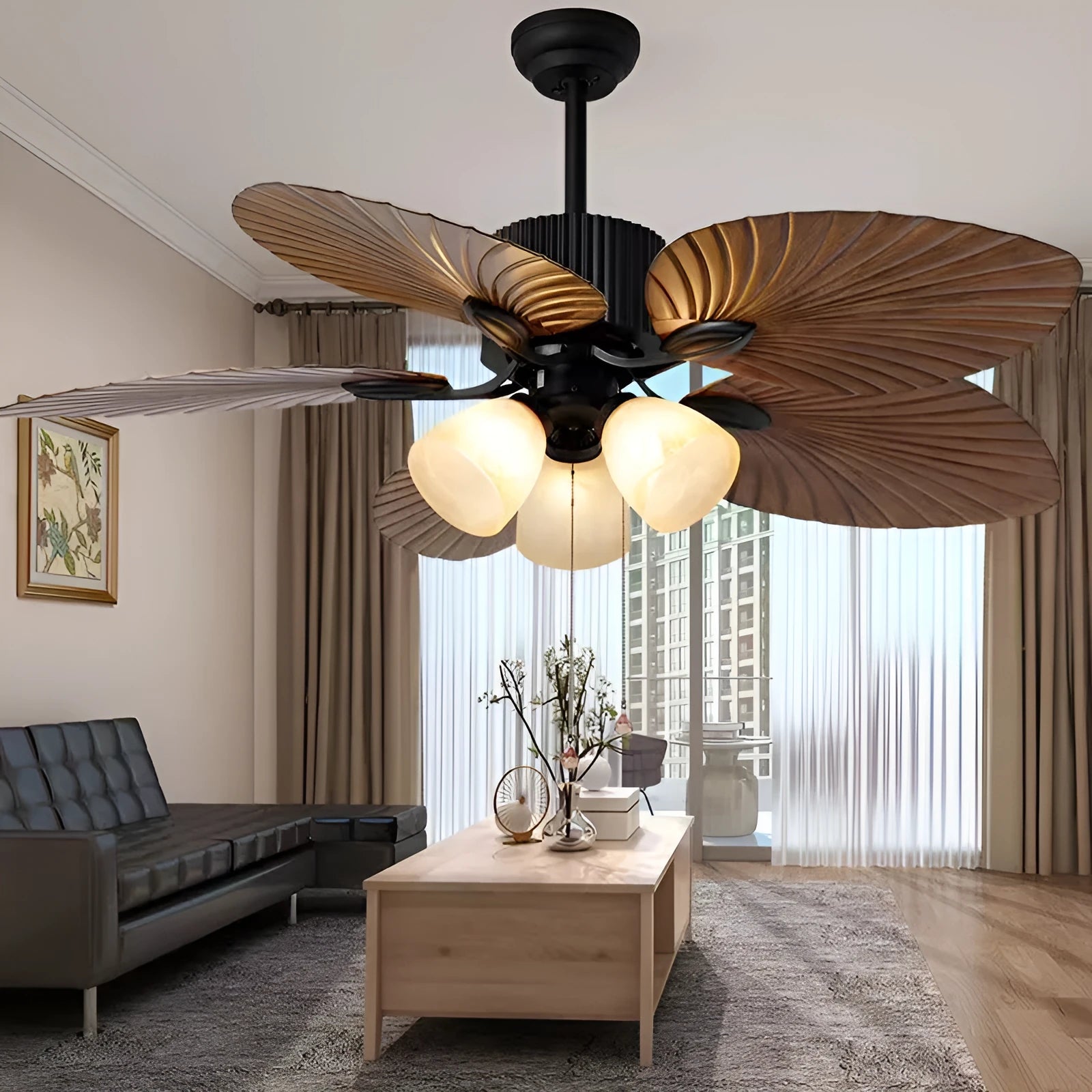 52-inch retro ceiling fan light with integrated lamps and wooden blades