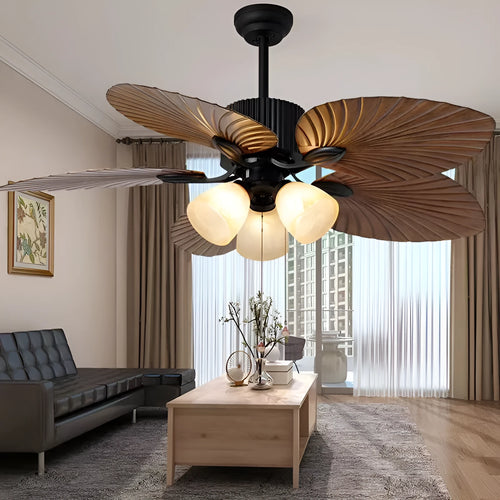 52-inch retro ceiling fan light with integrated lamps and wooden blades