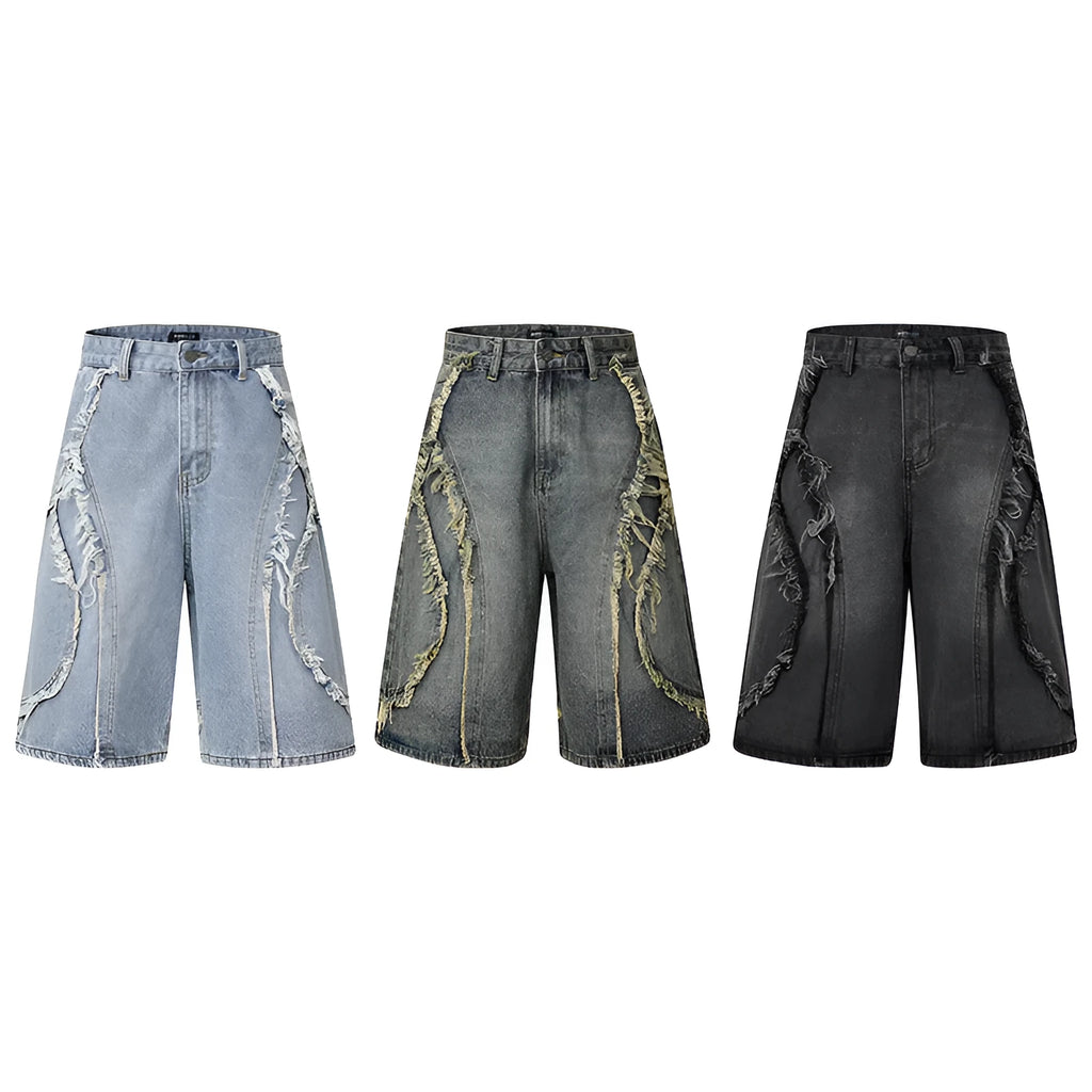 American Pu Shuai distressed raw edge denim shorts in light blue, straight cut cropped style.